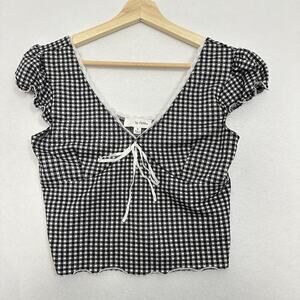 Gingham Top Womens M Cropped Bow Puff Sleeve Lace Y2k Cottage Country Milk Maid